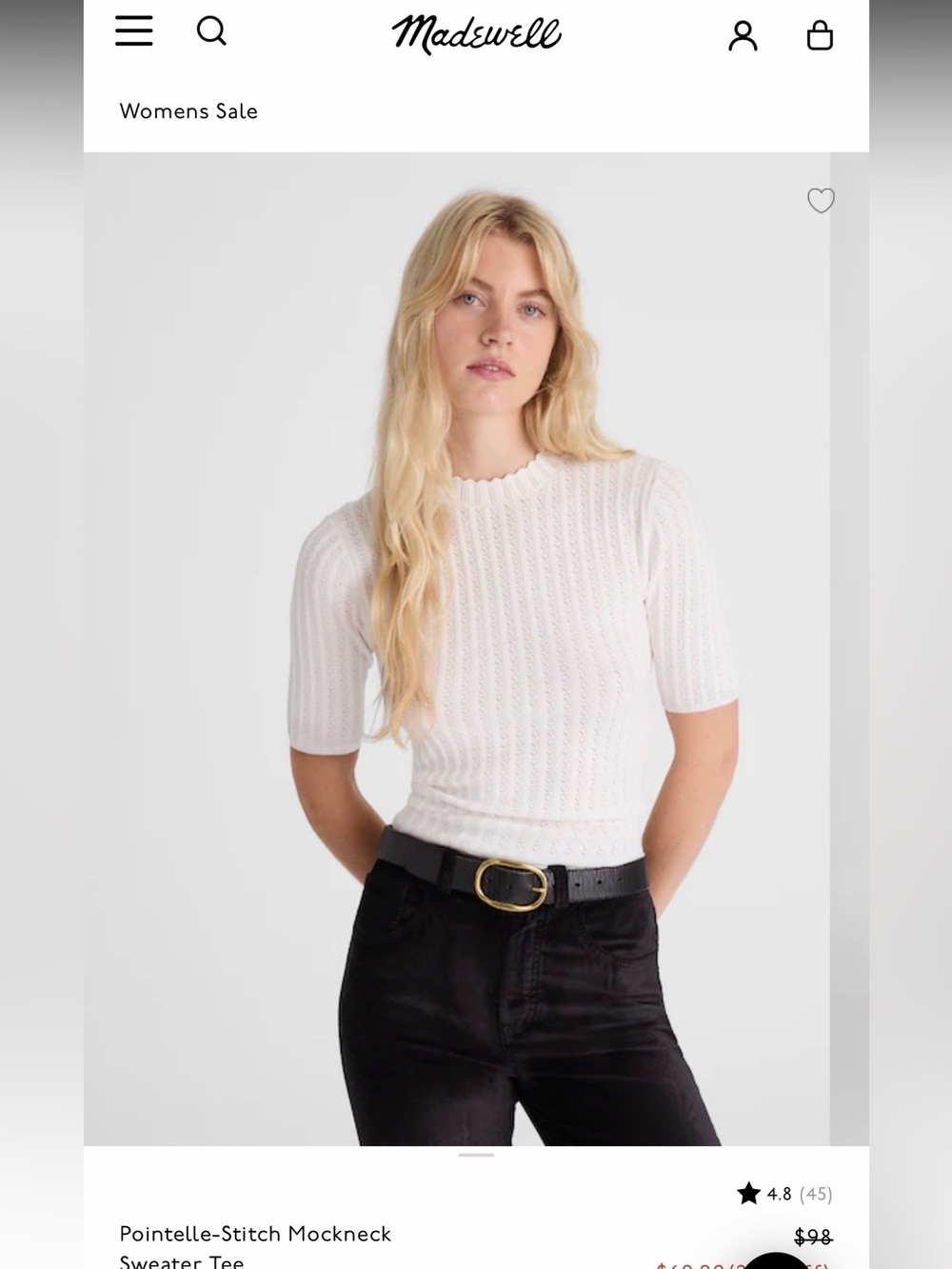 Madewell Cream Pointelle-Stitch Mockneck Short Sleeve Sweater Tee